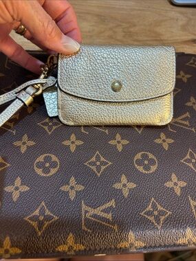 Coach Metallic Gold Pebbled Leather Mini Wristlet Card Case